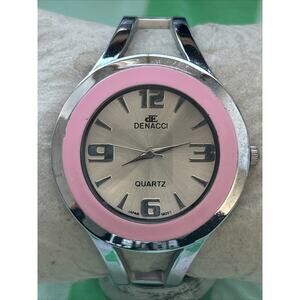 Denacci Silver Tone Pink Bezel Women’s Cuff Watch